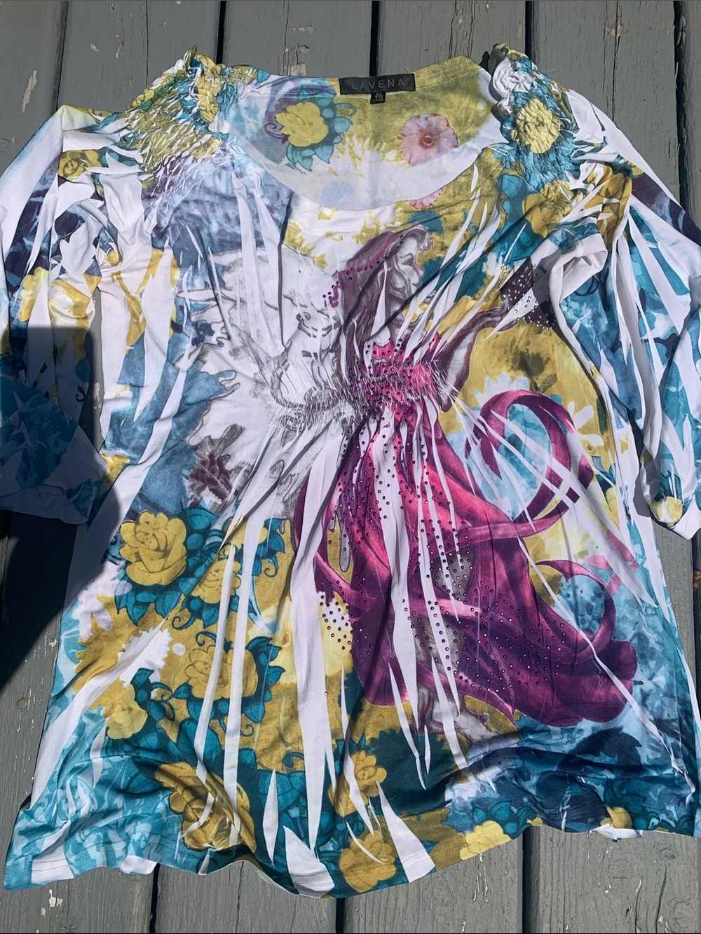 Women's White Floral & Teal Printed Short Sleeve Top